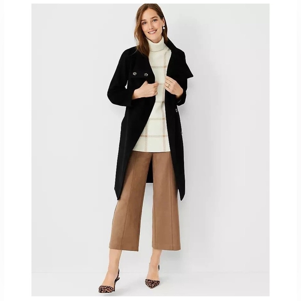 Ann Taylor Solid Black Wool Blend Belted Funnel Neck Coat Pea Coat Sz XSP NWT